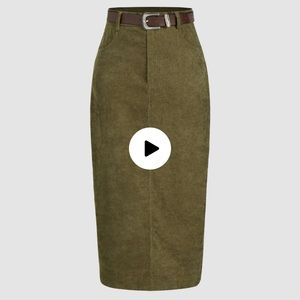 Solid Corduroy Skirt WITH Belt in Olive Green, Mid-Length, originally from CIDER
